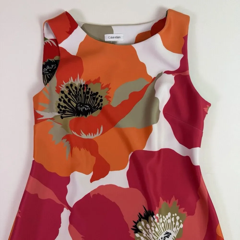 Calvin Klein Floral Sheath Midi Dress Women's 12 Pink Orange Bold Career Office - Picture 7 of 16